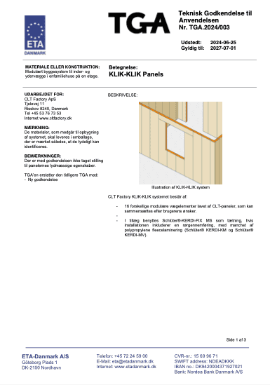 CLT walls TGA certificate